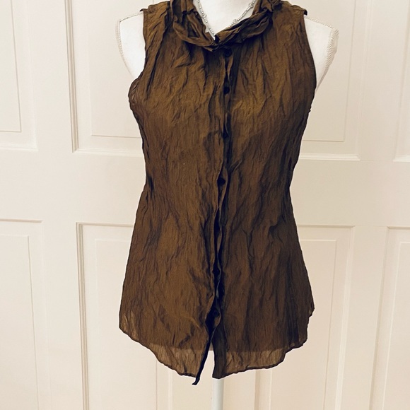 Lafayette148 metallic bronze brown sleeveless button up shirt 4 - Picture 2 of 7